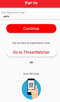 Image of the Alertus app at the sign up stage. Options are shown between entering organization code, scanning a QR code or proceeding to ThreatWatcher if no organization code is available.